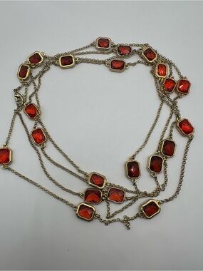 Gold Tone Burnt Orange Amber Gemstone Station Extra Long Flapper Necklace